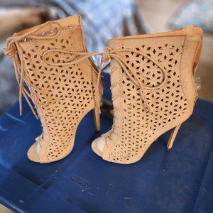 Laser cut bootie. Blush, open toe, lace up